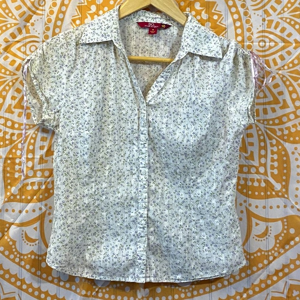 (YR2000) SO button up blouse with silk ribbon details for optional short Sleeves